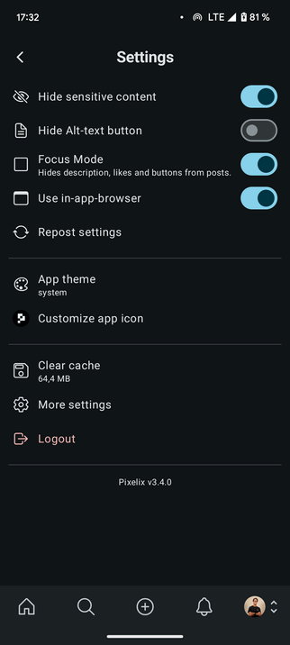 Screenshot of settings page of Pixelix. Has the settings elements: Hide sensitive content, Hide Alt-text button, Focus Mode, Use in-app browser, Repost settings, App theme, Customize app icon, Clear cache, More settings and Logout.