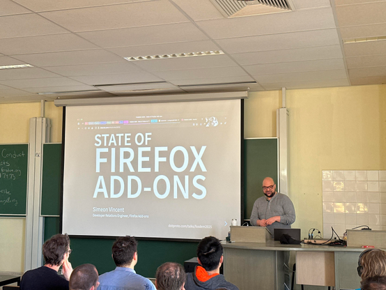Simeon Vincent is talking about Firefox Add-ons at FOSDEM 2025