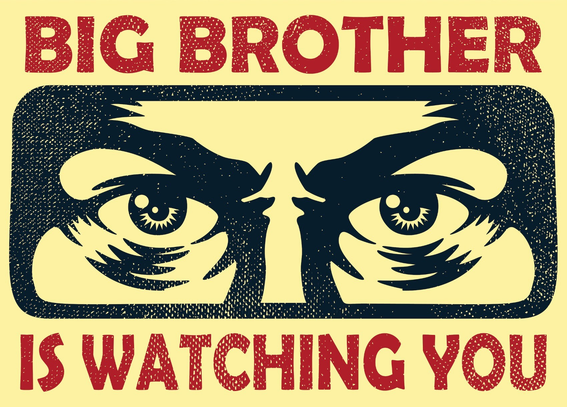 A dystopian propaganda poster with bold text:

BIG BROTHER
(two eerie, unblinking eyes staring directly forward)
IS WATCHING YOU

The design evokes Orwellian control, aligning with the post's critique of Mastodon—decentralized in structure but centralized in effect.
