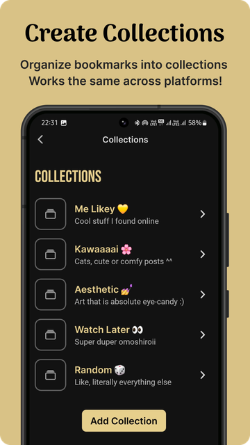 App screenshot showcasing bookmark collections