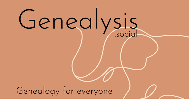 Logo for Genealysis dot social.  Black writing on a salmon colour background, with the outline of an elephant.  Quote: Genealogy for everyone