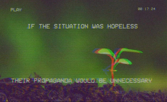 The image depicts a faded and distorted VHS tape screen, overlaid with a plant growing in the center and text in the foreground: "IF THE SITUATION WAS HOPELESS THEIR PROPAGANDA WOULD BE UNNECESSARY".