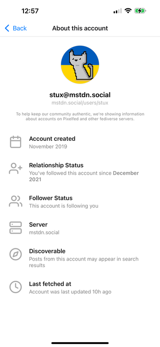 Pixelfed app screen "About this account"