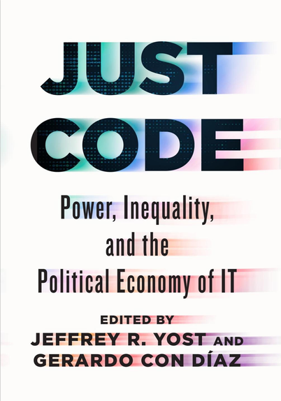 Cover of Just Code book, black lettering with trailing pastel colors and code embedded in letters on white covered book.