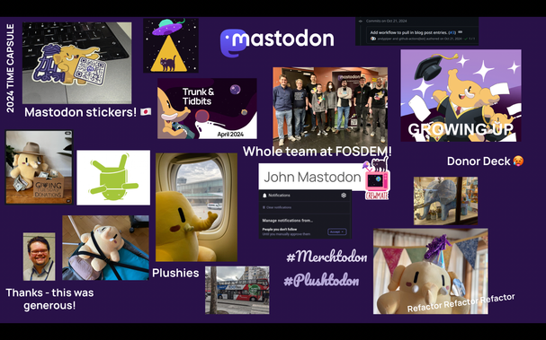 A presentation slide with screenshots of the Mastodon plushie, stickers, photo of the whole team at FOSDEM in 2024 and quotes representing Mastodon in 2024.