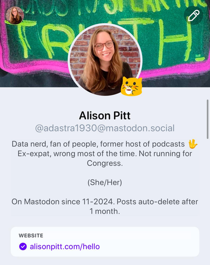 Screenshot of my Mastodon profile page. Under the “website” link, there is a purple check mark next to the URL, indicating it’s a verified link.