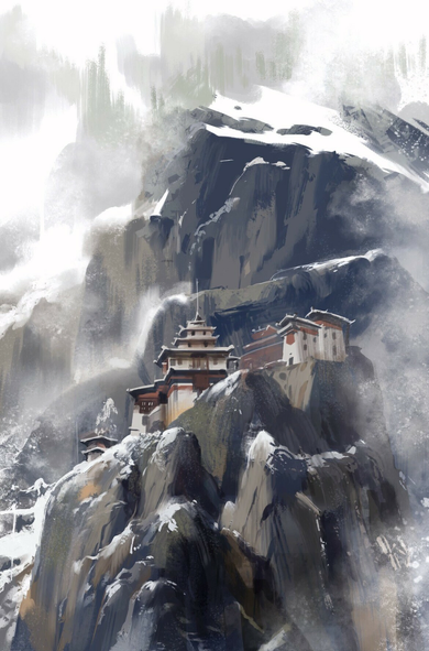 A Temple amongst snowy mountains