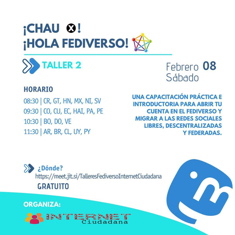 Cartel del Taller 2 ¡Chau X! ¡Hola Fediverso!
Taller online gratuito. Sábado 8 de febrero