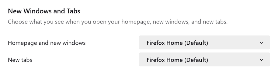 Firefox settings page titled “New Windows and Tabs” where users can choose what appears when opening homepage, new windows, and new tabs. Two dropdown menus are shown, both set to “Firefox Home (Default).”