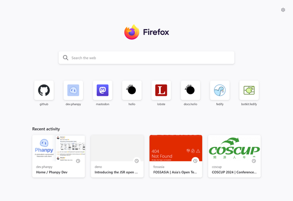 Firefox homepage showing a search bar, shortcut icons for websites including GitHub, Phanpy, Mastodon, Hollo, Lobsters, Hollo Docs, Fedify, and BotKit by Fedify. Below are recent activity cards showing visits to Phanpy, Introducing the JSR open source registry, FOSSASIA, and COSCUP 2024 conference.