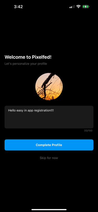 Pixelfed in-app registration