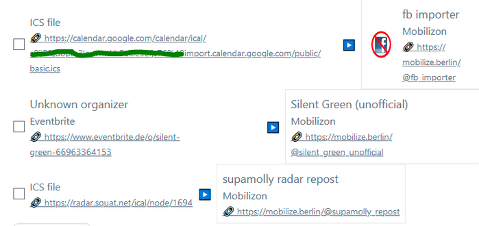 screenshot of the interface with ics feeds on the left and mobilizon groups on the right. little arrows point from the feeds to the groups.