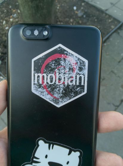 The back of a PinePhone is shown with a hexagonal Mobian sticker on top.

The sticker has a black background with a red swirl and the text "mobian" in white on top.
The surface is severely worn out allowing the white of the paper they were printed on to become visible.