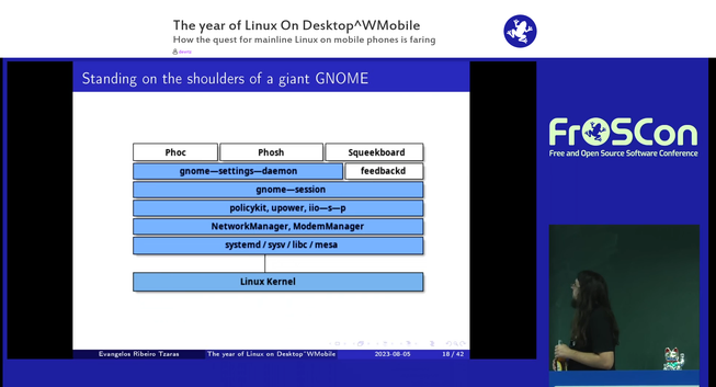 A screenshot from the media.ccc.de homepage.

My talk titled
"The year of Linux on Desktop^WMobile"
subtitled "How the quest for mainline Linux on mobile phones is fairing" is being streamed.

The video is composed of two panes:
On the left the slides are shown and on the left I am seen turned sideways slightly to the right as I face the projected slides.

On the slide you can see a block diagram showing all the components Phosh (a graphical shell for mobile devices) relies on, such as (from the bottom up):

- Linux kernel
- systemd / sysv / libc / mesa
- NetworkManager, ModemManager
- policykit, upower, iio-sensor-proxy
- gnome-session
- gnome-settings-daemon

At the top there are
- Phoc (the wayland compositor)
- Phosh (the actual shell)
- Squeekboard (an on screen keyboard)
- feedbackd (a daemon that takes care of haptic and other kinds of feedback)

The slide being shown is titled
"Standing on the shoulders of a giant GNOME"