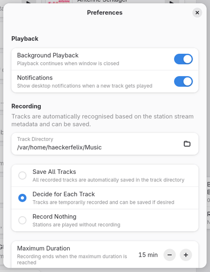 Screenshot showing new Shortwave recording preferences