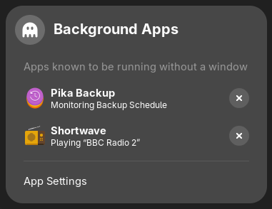 "Background Apps" menu showing "Shortwave" "Playing BBC Radio 2" as entry