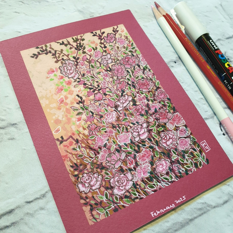 A small drawing of a tangle of pink climbing roses with a peach coloured background. The drawing is in an illustrative style. Pink roses are often seen as symbols of grace, joy, and kindness.
An original art work
Colour pencil and mixed media on acid free toned artist paper
5 by 7 inches (12.7 by 17.8 cm).
Sold unframed