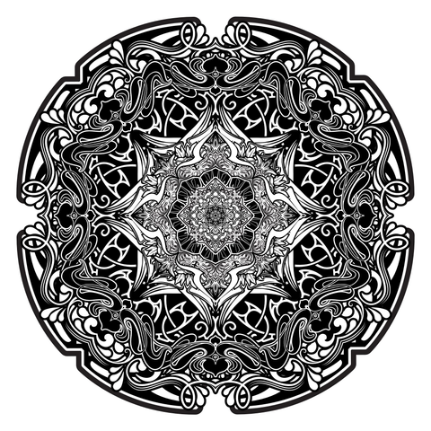 Eight fold black and white circular vector drawing consisting of a myriad of floral and organic shapes and forms coming together with many patterns expanding outwards and inwards to complete a mandalic circle that might resemble a psychedelic stylized eye.