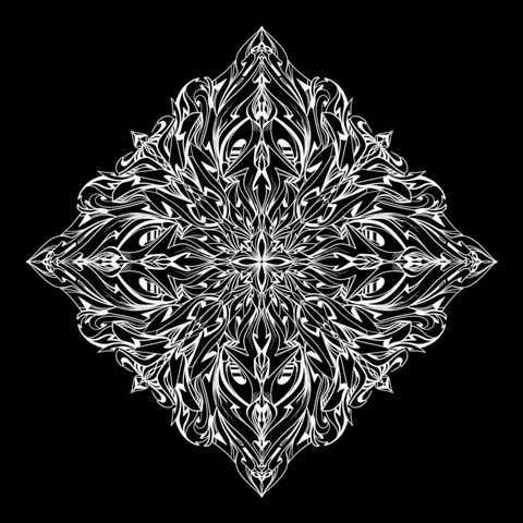 White lines of varying strengths drawn consisting of a myriad of stylized arrow and other sharp angular and organic shapes and forms coming together in a detailed pattern expanding outwards to complete diamond shape floating on a black background.