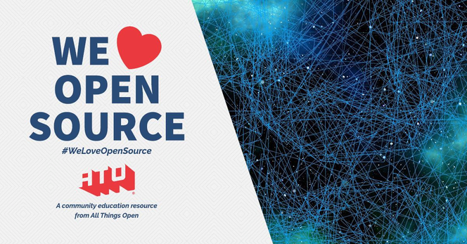 Left side says We Love Open Source. #WeLoveOpenSource. ATO. A community education resource from All Things Open. Right side has nodes in a network connected by lines.