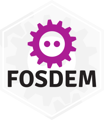 The FOSDEM logo on a hexagonal shaped background.