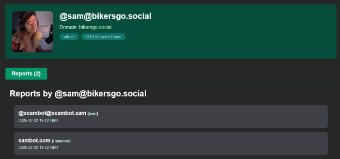 @sam@bikersgo.social profile

Reports now is a button with Sam having 2 reports she's done.