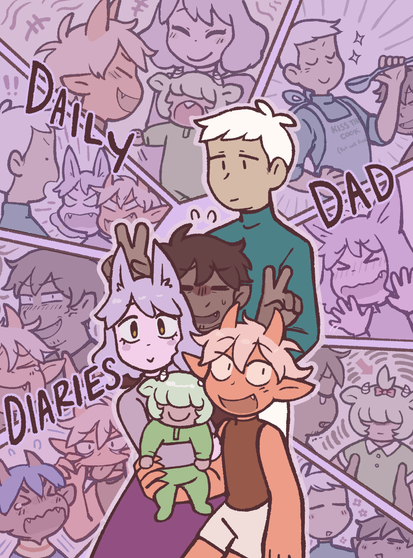 A drawing of a family of five, centered in a way that looks like they're posing for a photo. In the background are comic panels of them interacting with one another in various ways. 

The text across the image reads "Daily Dad Diaries."