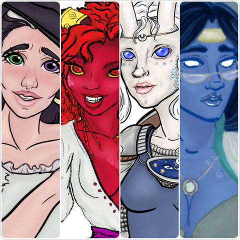 Digital Art. 
This image depicts four original characters of the OP's campaigns and stories. They are displayed as small slices of the larger pieces, as 'panes,' showing each woman's face. 

The first pane: A human-looking woman with a green eye (left) and a violet eye. She has black hair with a white stripe visble and a light complexion. She is blushing and has a slight smile.

The second pane: An infernal-looking woman with crimson skin and pink-ish scales about her cheekbones and chest. She has blood red eyes with yellow sclera. She's grinning, which shows her fangs. Her hair is a shade of red barely a shade lighter than her skin, it appears curly and chaotic; small braids lay over the woman's collar bones. 

The third pane: A pale warrior with striking blue eyes and clear horns at the top of her head. Her hair is white as snow, including her lashes and brows. Light blue scales creep around her jaw and cheekbones. We can tell she is wearing aroun and a shield. From the moon headband and partial insignia on her chest (eyes among a starry night sky) we can tell she worships Selune. Below her eyes, make-up or paint in the form of the cycles of the moon.

The fourth pane: A blue skined woman with navy blue hair and a golden headband. She is wearing teal robes and has a necklace or amulet seen below the barely visible butterfly tattoo.