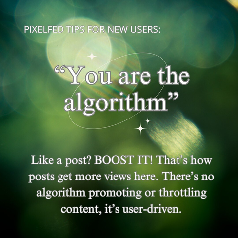 PIXELFED TIPS FOR NEW USERS: “You are the algorithm” Like a post? BOOST IT! That’s how posts get more views here. There’s no algorithm promoting or throttling content, it’s user-driven.