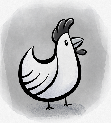 Black and white sketch of a stylized chicken with a bold outline.