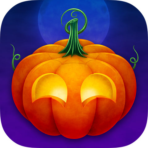 Halloween-themed jack-o-lantern version of the Apollo app icon with twisty green vines and glowing yellow eyes. Background is blue with a pale full moon.