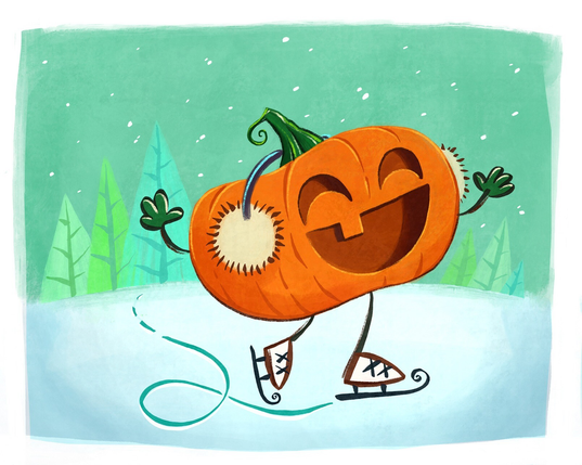 Drawing of a stylized cartoon jack-o-lantern wearing earmuffs and gleefully ice skating on a frozen pond. Simple evergreen trees in the background.