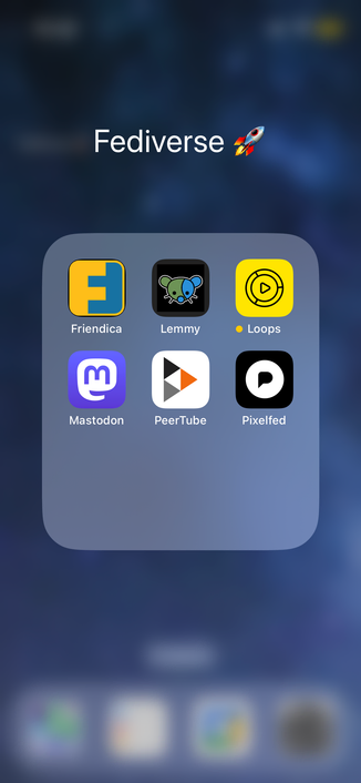 A screenshot of a smartphone screen (iOS) that shows a folder called Fediverse with the following icons: Friendica, Lemmy, Loops, Mastodon, PeerTube, Pixelfed 