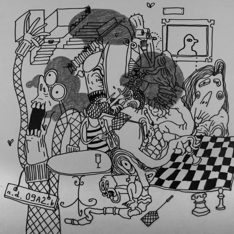 Chaotic figures and doodle animations drawn on tracing paper.