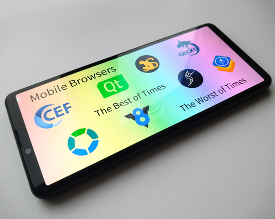 A phone showing an image; the background a pastel rainbow fill; the foreground various embedded browser related logos: CEF, Servo, Qt, V8, SpiderMonkey, Sailfish OS, Gecko and WPE.