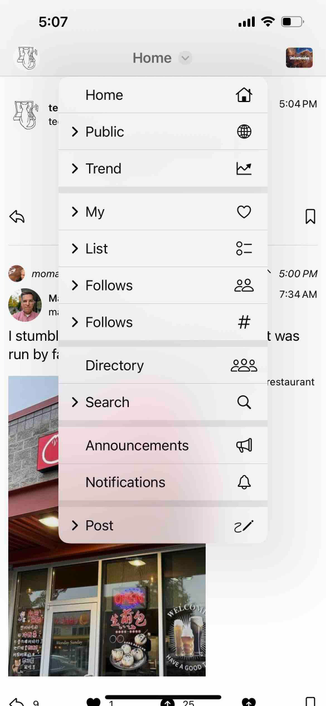 screenshot of a home feed with a menu open from the title 
