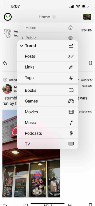 the trend submenu is open showing the neodb trending media options 