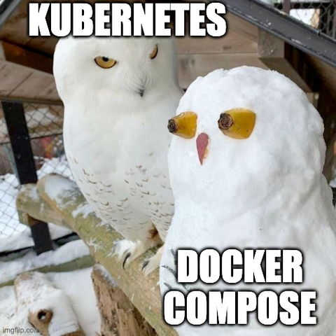 a white owl labeled "kubernetes" stares down a snow-owl labeled "docker compose"