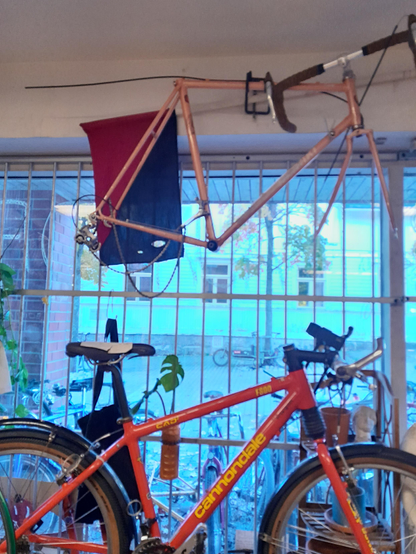 Window of the bike jitchen from the inside. A bike frame  hangs from the ceiling with a red-black flag and completr bike stands on the window shelf.