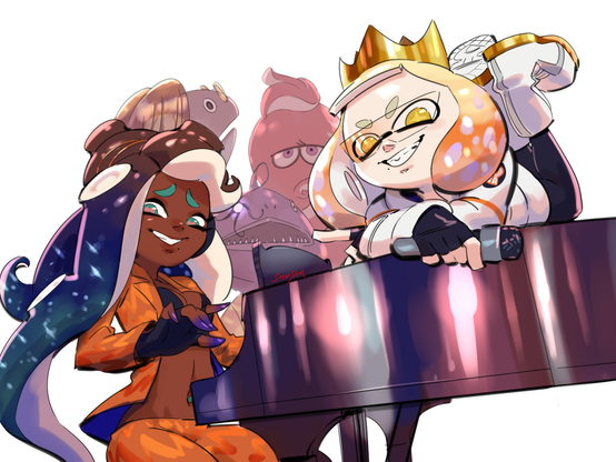 Splatoon 3 characters: Marina, Pearl, and Damp Socks. Marina plays the piano and Pearl lays on top of the piano.