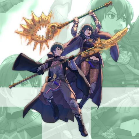 Byleth Male and Byleth Male from Fire Emblem Three Houses/ Super Smash Bros. The two characters pose as if about to attack.