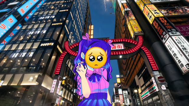 Pien - jirai-kei fashion woman standing in front of Kabukicho with a pien emoji over her face