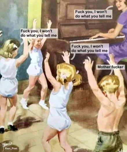 A drawing of children shouting "fuck you I won't do what you told me, motherfucker"