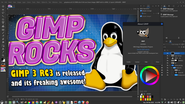 Screenshot of GIMP 3 Release Candidate 3 (RC 3). Image editing is in progress with the text "GIMP rocks" visible. The Linux Tux penguin logo is present, and the GIMP version number is displayed on the screen, too. 