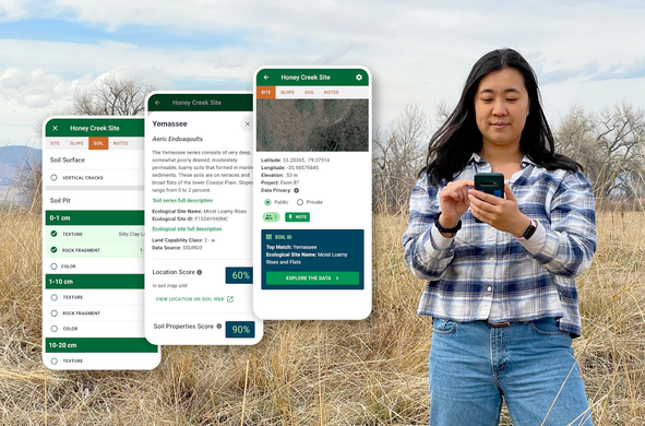 A woman holding a mobile phone in a rangeland. three screens from a mobile soil app are visible