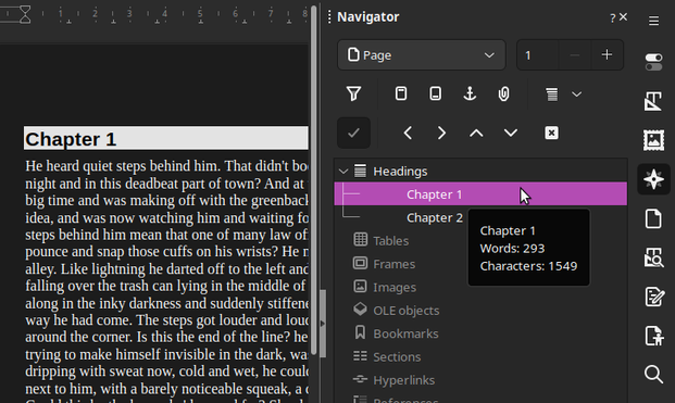 Screenshot of Navigator, showing a section being selected and a tooltip with details about that section.