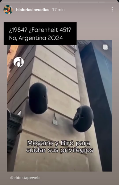 Speakerphones on a public station in Buenos Aires saying that union leaders are holding people hostage because they are on strike, and that we should snitch on them. The person who posted this on Instagram originally compared it to 1984 and Farenheir 451, but it is Argentina 2024.