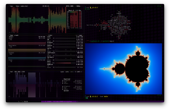 Wezterm with a vertical split. On the left you see bpytop, on the right some code golfing that produces a Mandelbrot set image from a Mandebrot set-looking piece of Python code. Executing with Python 3.14.