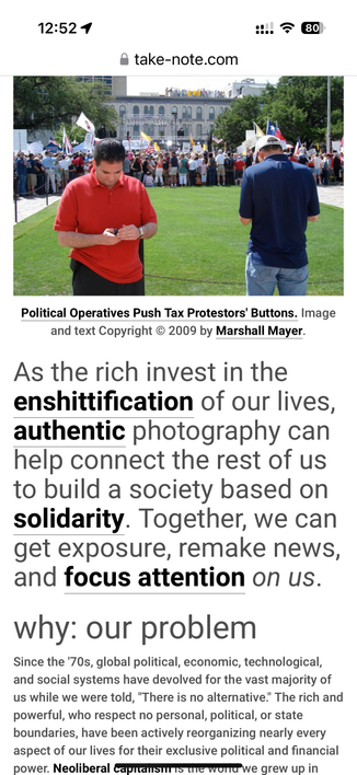 Screenshot of a webpage as viewed on a phone. The text is, in part, "As the rich invest in the enshittification of our lives, authentic photography can help connect the rest of us to build a society based on solidarity. Together, we can get exposure, remake news, and focus attention on us."