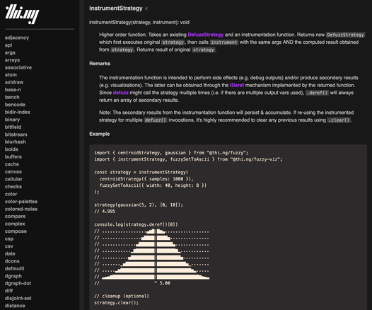 Screenshot of the documentation tool/page mentioned in the post, showing the API docs for this function (dark color scheme): https://docs.thi.ng/umbrella/#fuzzy-viz:instrumentStrategy